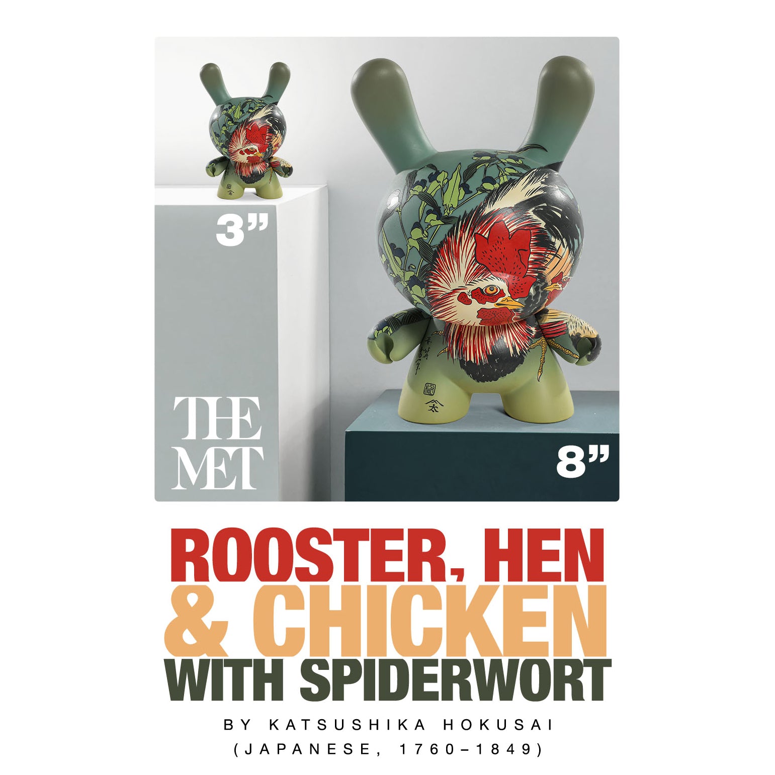The Met 3" Showpiece Dunny Vinyl Art Figure - Rooster, Hen and Chicken with Spiderwort by Katsushika Hokusai (PRE-ORDER)